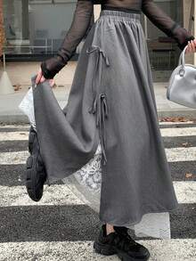 DAZY Women's Solid Color Drawstring Pleated Simple A-Line Skirt, Casual Daily Wear - Grey - View 7