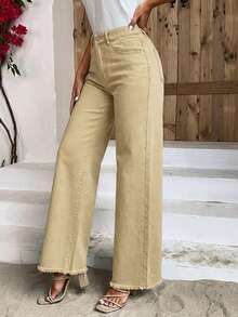 Breezaya Celana Jeans Kasual Potongan Lurus Pinggang Tinggi dengan Lubang Sabuk - Unta - View 5