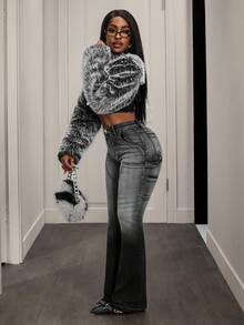 Slaydiva Women's Fashion Fuzzy Patchwork Cropped Denim Jacket - Black - View 5