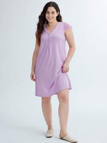 LUVLETTE 紫色超柔软 TENCEL™ 莫代尔蕾丝插入短袖睡裙透气女士睡衣裙吊带裙、内衣和睡衣