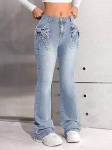 SHEIN 复古蓝色牛仔蝴蝶口袋修身喇叭裤，适合少女穿着 - 淺色水洗藍 - 查看 5