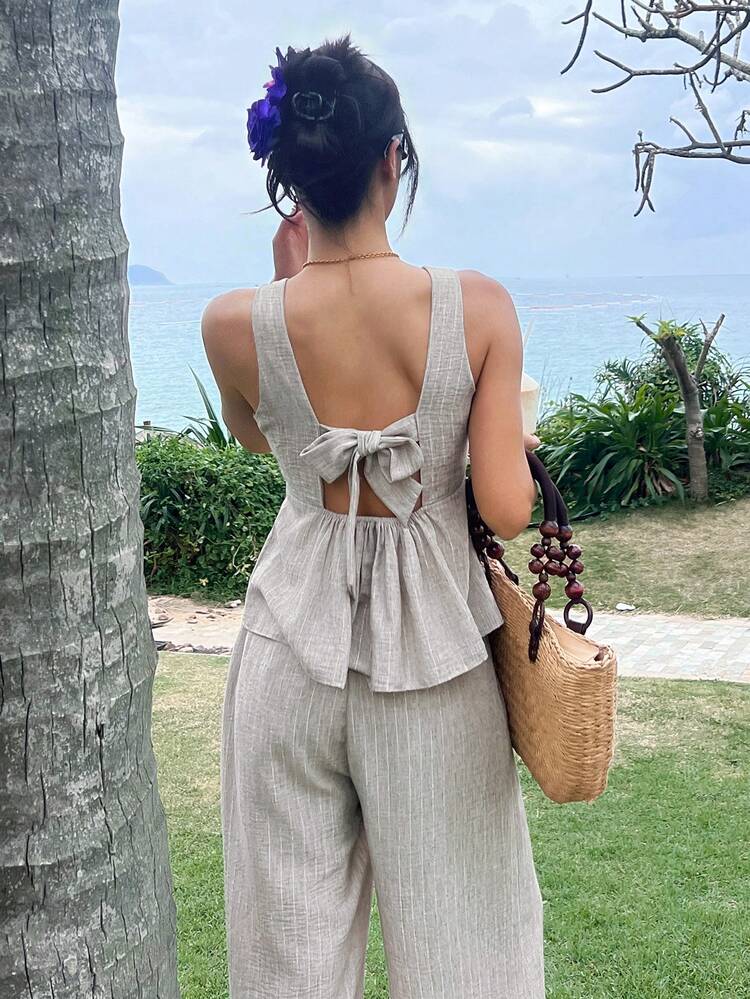 2pcs/Set Women Casual Vacation Bow Tie Sleeveless Striped Top And Straight Leg Pants Suit, Spring/Summer