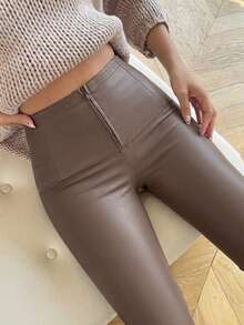 Firerie Women's New Simple Elegant Daily Commute Casual Fashion Versatile Autumn/Winter All-Match Waist Cinching Zipper Lift Butt Black Mid-Waist PU Leather & Fleece Skinny Pants, Suitable For Autumn Outfit, Autumn/Winter, Airport, Teacher, Office Wear Brown Leather Pants High Waist Pants Woman Leather Pants For Women