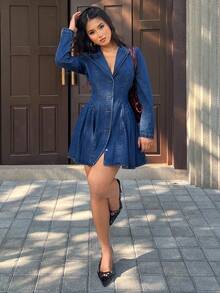 SHEIN PETITE Fashionable Commuter Front Button Waist Pleated Denim Dress