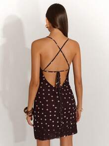 SHEIN BAE Women's Casual Black White Polka Dot Contrast Lace Sleeveless Mini Dress,Summer Seductive Date Night Elegant Street Style Fashionable Brown Dresses - Brown - View 2