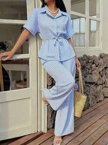 Pariaura Spring/Summer New 2 Pieces Set: Collared Single-Breasted Tie-Waist Striped Blouse With Batwing Sleeves & Elastic Waist Pants, Casual/Work/Holiday/Street Style - Blue - View 3