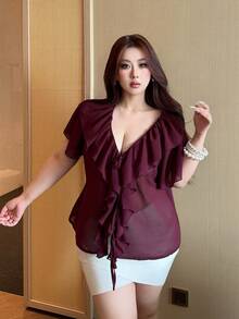 Vibekara Áo kiểu tay ngắn, cổ chữ V, màu trơn, chất liệu chiffon, dáng ôm, xuyên thấu, gợi cảm, dành cho người có vóc dáng đầy đặn. - Màu Đỏ Sâu - Xem 6