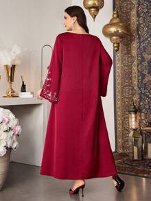 Al Najma Elegant Burgundy Boat Neck Beaded & Rhinestone Flared Sleeve Dress, Spring/Summer - Red - View 8