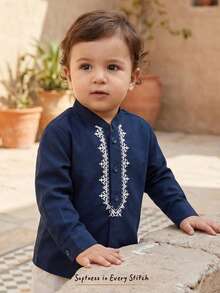 Cozy Pixies Baby Boy Traditional Pattern Mandarin Collar Long Sleeve Half-Placket Pullover Top Blue Shirt Baby Baby Arabic Clothing Baby Boy Suit Baby Navy Blue Kurta Suit For 2 Years Baby Navy Blue - Navy Blue - View 1