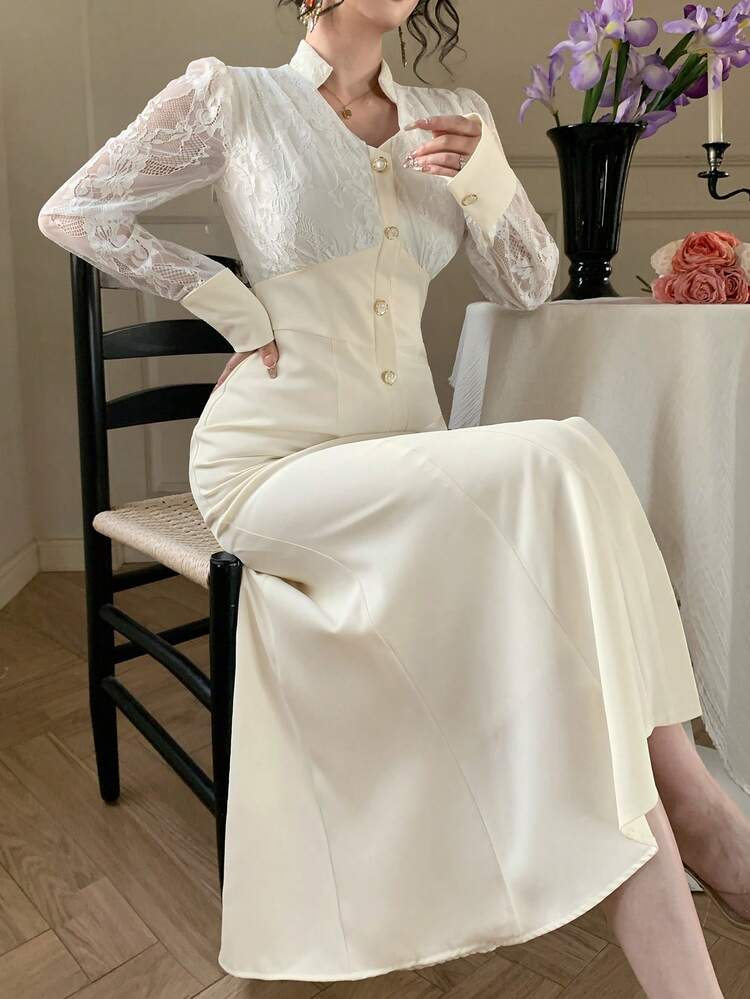 Women's Elegant Lace Patchwork Fishtail Midi Dress, Autumn/Winter Wedding Guest Dress