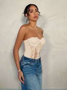 SHEIN BAE 浪漫白色蕾丝拼接可拆卸肩带紧身胸衣连体衣，适合浪漫约会、闺蜜聚会、早春郊游、派对活动 - 束身胸衣、演唱会服装、性感连体衣、春季女装、情人节服装 - 杏色 - 查看 6