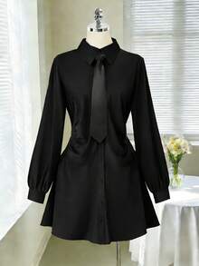 Rometta Plus Size Elegant Waist Ruched Shirt Dress - Black - View 1