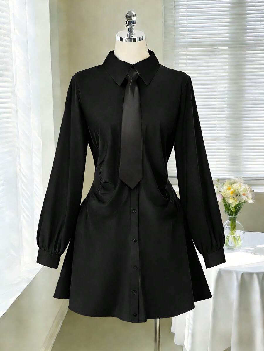 Rometta Plus Size Elegant Waist Ruched Shirt Dress - Black - View 1