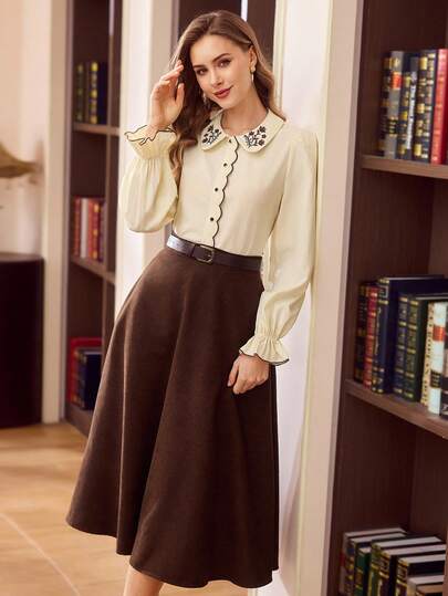 Vintamour 2pcs Vintage Classic Elegant Women's Embroidered Shirt & Flared Skirt Set, Beige & Brown, Autumn/Winter