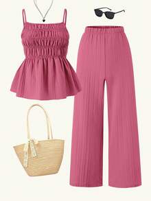 Sparklyn 2pcs/Set Teen GirlCasual Camisole Top And Wide Leg Pants Set, Woven Fabric, Elastic Waist, Summer - Pink - View 1