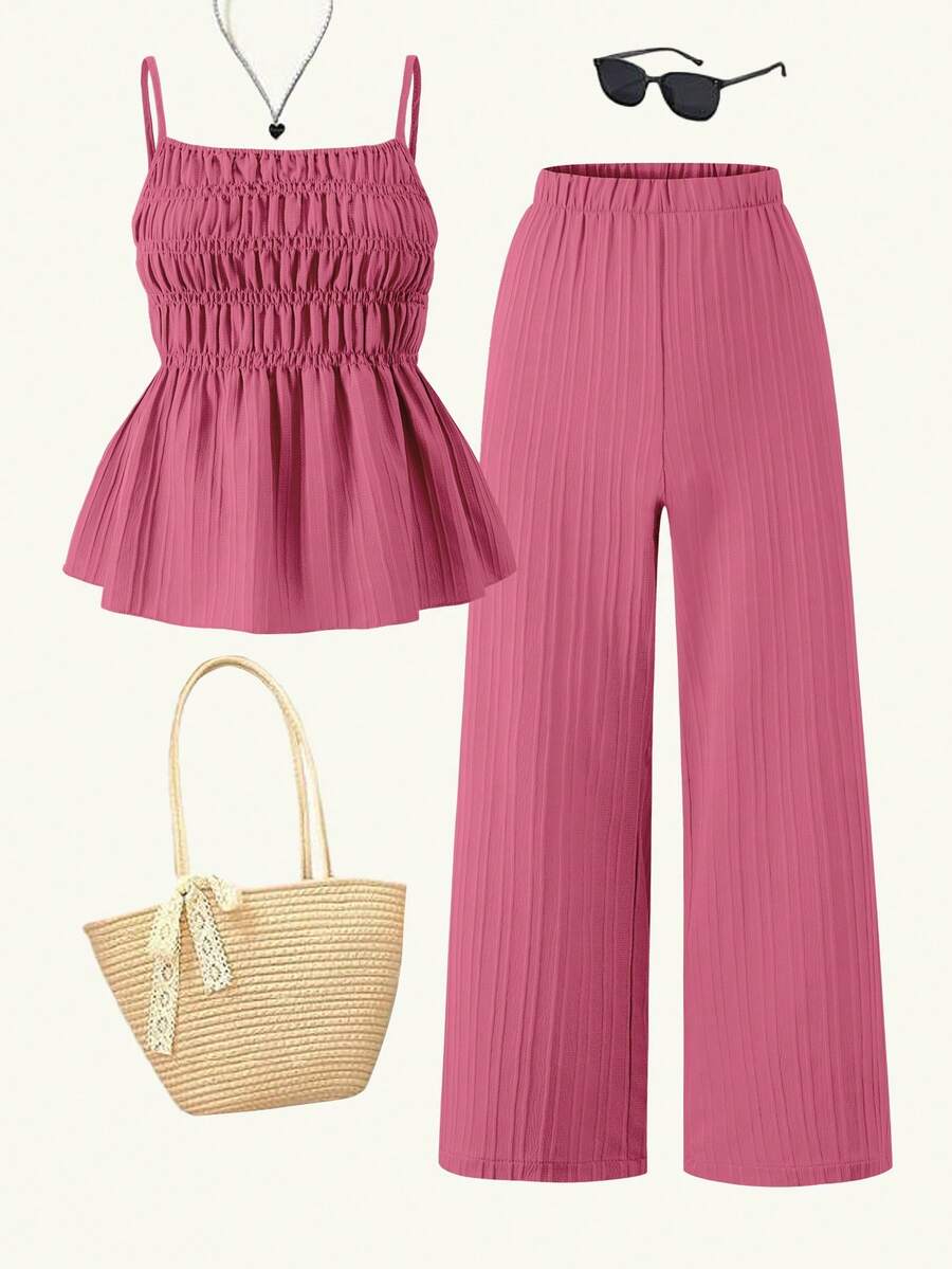 Sparklyn 2pcs/Set Teen GirlCasual Camisole Top And Wide Leg Pants Set, Woven Fabric, Elastic Waist, Summer - Pink - View 1