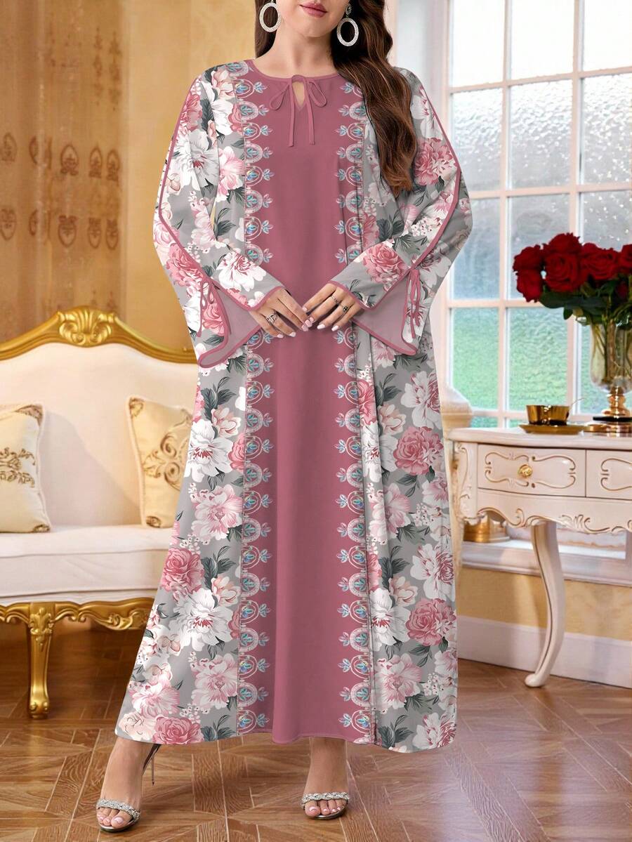 SHEIN Najma Gaun Maxi Arab Elegan Lengan Panjang dengan Desain Ikat Leher V, Motif Bunga Mawar dan Pola Digital untuk Wanita Ukuran Plus, Musim Semi - MultiWarna - View 1