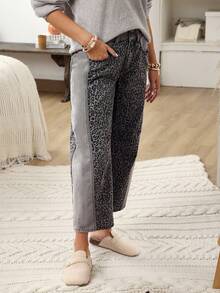 EMERY ROSE Plus Size Contrast Color Patchwork Leopard Print Flared Leg Jeans - Grey - View 5