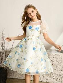 女童优雅印花修身欧根纱连衣裙，适合晚宴、圣诞节、万圣节、感恩节、婚礼、舞会、毕业典礼、返校季及其他场合。 - 杏色 - 查看 1