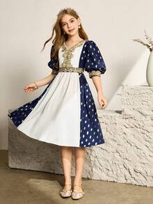 Flower Girl & Big Girl High-End Palace Style Gold Foil Puff Sleeve Elegant Party Summer Dress,Navy Blue And White Embroidered Princess Formal Gown - Blue - View 3