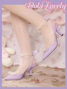 Dola Lovely Fashionable Women Faux Pearl Bow High Heels, Comfortable Versatile Pumps Spring Shoes Spring Break Easter Valentine's Day - Mauve Purple - View 5
