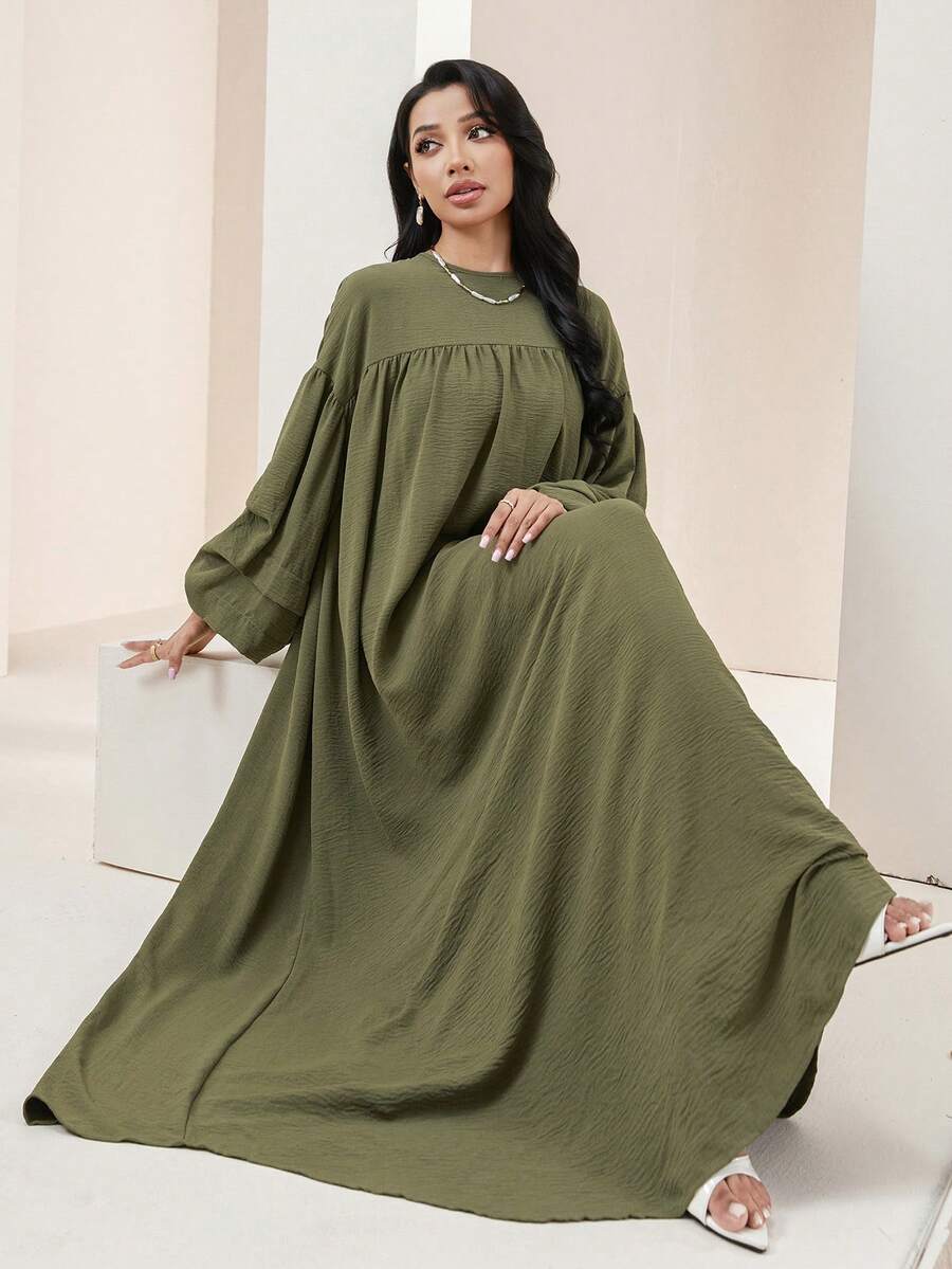 Veilorie 女士休闲纯色宽松连衣裙 - 軍綠色 - 查看 1