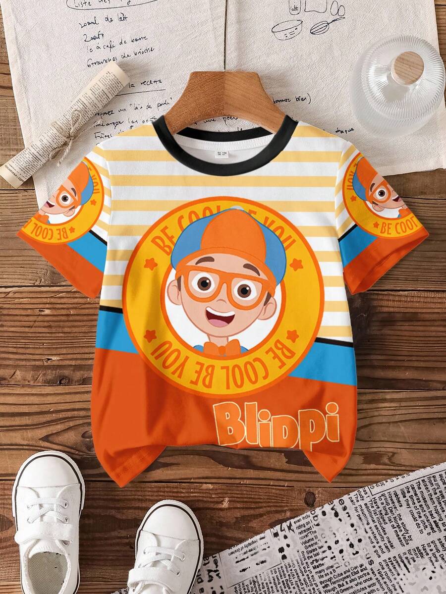 Blippi X SHEIN Young Boy Summer Casual Patchwork Striped Cartoon Pattern Round Neck Short Sleeve T-Shirt - White - View 1