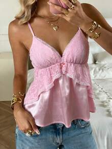CovetEZ Women's Casual Early Spring/Summer Sweet Outfits, Clean Girl Style, Casual Pink Women's Lace-Trimmed Satin Pure And Alluring Valentine's Day Spring Outfits, Women's Valentine's Day Outfits For Women, Valentine's Day Clothes, Pink Top, Sweet Pink Camisole. - Pink - View 6