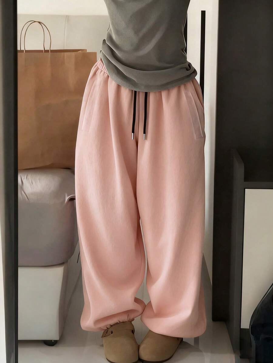 EMERY ROSE Women's Solid Blush Pink Elastic Waist Pockets Drawstring Loose Casual Jogger Pants - Baby Pink - View 1