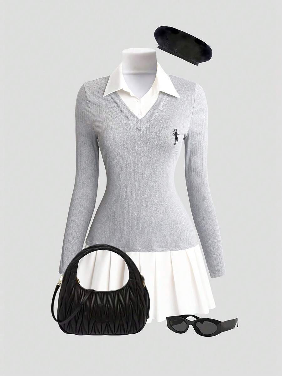 Sweetra Plus Size Autumn/Winter Ribbed Embroidery Patchwork Colorblock Pleated Dress - Grey - View 1