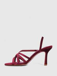 CUCCOO SZL 女士时尚酒红色交叉绑带露跟高跟凉鞋 - 酒紅色 - 查看 4