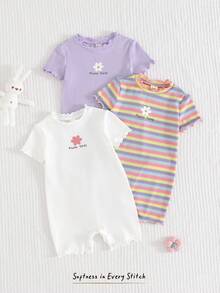 Cozy Pixies 3件套女婴碎花条纹针织柔软圆领短袖连体衣和短裤套装 - 彩色 - 查看 7