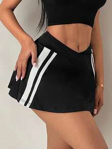 SHEIN SXY Women's Asymmetric Waist Patchwork Casual Versatile Daily Wear Mini Skirt,Carnival,Party,Rave Outfit ,Summer, Spring,Beach,Going Out,Vacation,Y2K,Black - Black and White - View 6