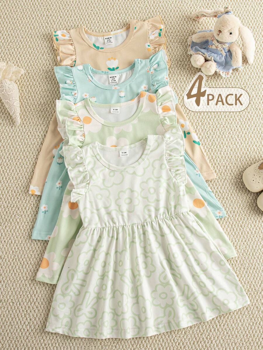 Souflis Souflis 4件套法式碎花印花女婴/幼儿可爱花朵短袖荷叶边连衣裙，夏季 - 彩色 - 查看 1