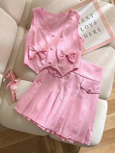 Elladie kids 少女时尚都市通勤蝴蝶结装饰不对称下摆无袖露脐背心搭配粉色百褶迷你裙套装，春夏装