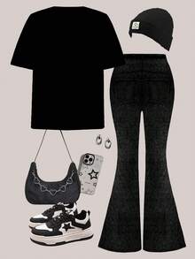 2pcs/Set Tween Girls Black Cartoon Character Print Loose Fit Crew Neck Short Sleeve T-Shirt And Flare Pants, Casual Outfit For Spring/Summer Daily Wear And Outings - Multicolor - View 2