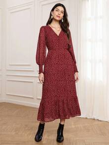 Miaspire 秋冬女士波点印花优雅裹身连衣裙，泡泡袖收腰长裙，适合优雅外出和聚会，褶皱长袖印花连衣裙，法式连衣裙，樱桃连衣裙，女士长袖连衣裙，波点连衣裙，女士度假装，春夏装 - 紅色 - 查看 8