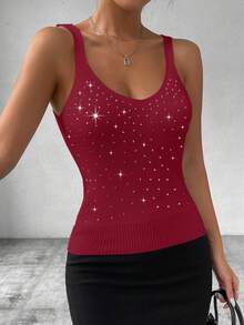 EMERY ROSE Women's Casual Sleeveless Rhinestone Embellished Knit Top, Summer Dark Red Top Rhinestone Top - Burgundy - View 5
