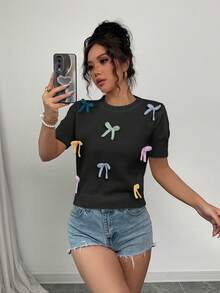 Selianne 女士优雅甜美3D蝴蝶结圆领插肩短袖套头针织衫 - 黑色 - 查看 3