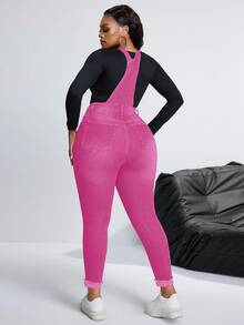 SHEIN SXY 大码女式口袋做旧修身休闲背带连体裤 - 粉色 - 查看 7