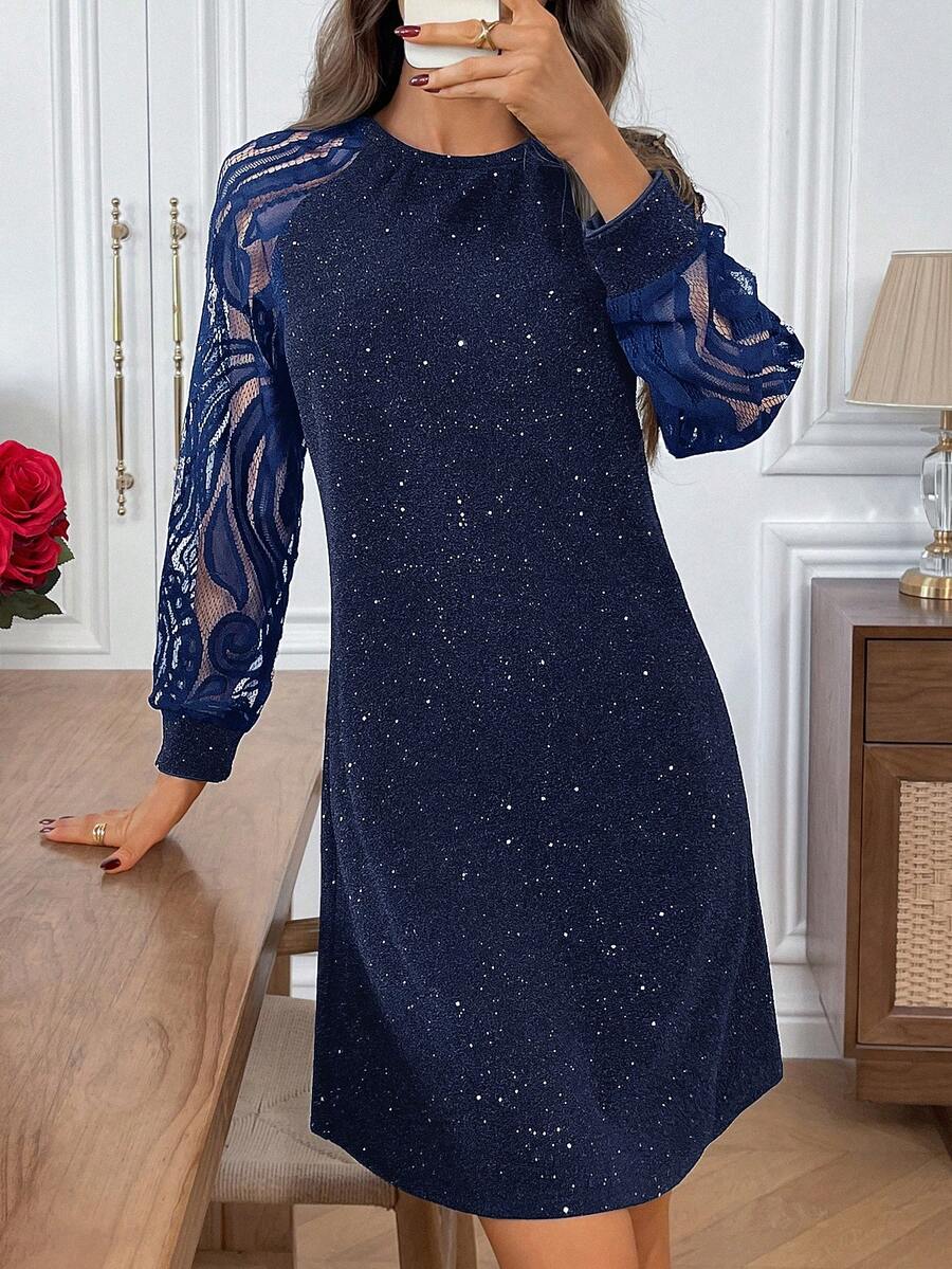 EMERY ROSE Women's Elegant Commuter Lace Patchwork Mini Dress