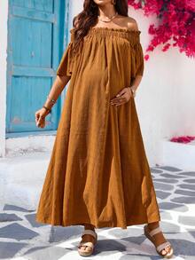 SHEIN Maternity Vacation Brown Solid Color Ruffle Off-Shoulder Pleated Casual Maxi Dress,Summer Boho Holiday Off The Shoulder Long Dress - Orange - View 6