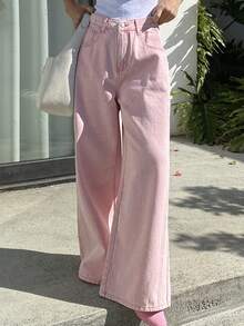 DAZY Women's Loose Casual Distressed Pink Wide-Leg Jeans, Vacation Style, Spring/Summer