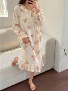 Tween Girls Pajamas-Ruffle Collar Long Sleeve Nightdress With Cute Bear Print Cream Ruffle Hem Knee Length Loose Fit Four Seasons Holiday 2026 Essential Sleepwear Loungewear Casual Vintage Sweet Gift Comfortable Everyday Bedroom Stylish Playful Princess - Apricot - View 7