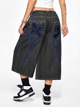 Grunge Punk Jeans a vita bassa oversize in stile vintage con ricamo a vite, vestibilità ampia e corta