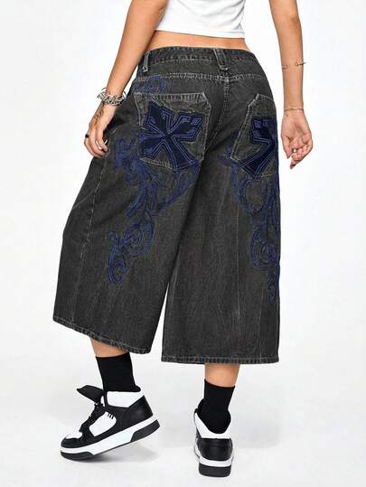 Grunge Punk Jeans a vita bassa oversize in stile vintage con ricamo a vite, vestibilità ampia e corta