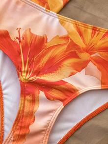 3pcs Tween Girls Casual Vacation Orange Floral Print Swimsuit, Swimwear Bottoms & Tie-Front Skirt Set, Beach Holiday, Summer Swimwear - Yellow - View 5