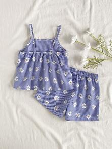 SHEIN Vintaside Kids 2件組少女夏季家庭度假度假風花卉印花細肩帶上衣與短褲套裝，寬鬆透氣甜美可愛休閒穿搭 - 藍色 - 查看 2