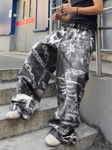ROMWE MEN Anime Spring Casual Graphic Men'S Printed Loose Fit Jeans, Vintage Street Style Spring/Summer - Black and White - View 6