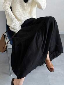 FRIFUL 女士纯色蕾丝拼接时尚百搭度假旅行裙 - 黑色 - 查看 4